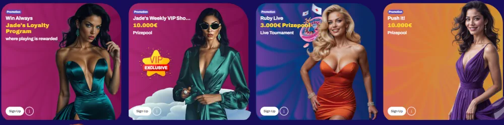 Sección de especiales de Candy Spinz destacando el estatus VIP, desafíos y cangrejo extra.